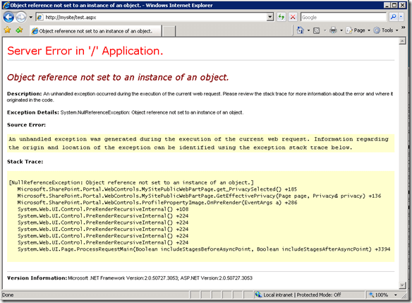 Stack Trace of the exception