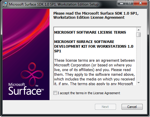 First screen of the Microsoft Surface SDK 1.0 SP1, Workstation Edition Setup