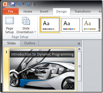 The PowerPoint application with the "Design" tab selected on the ribbon.