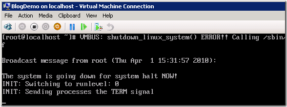 Screenshot displaying the virtual machine has received the shutdown command and starts the power-off sequence.