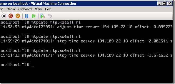 Screenshot displaying the Hyper-V console showing the VM gets a time difference of multiple=