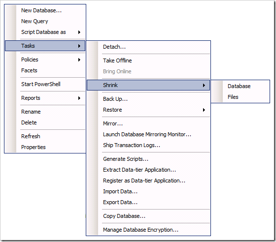 The context menu's to shrink the size of the log files