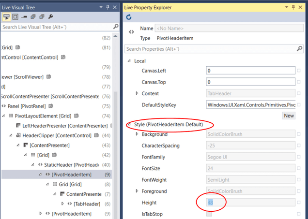 Visual Studio 2015 Live Visual Tree showing the fixed height from the default template