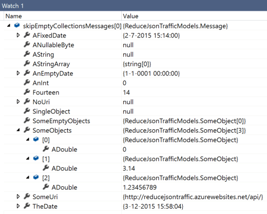 Visual Studio Watch showing a deserialized object with default value handling