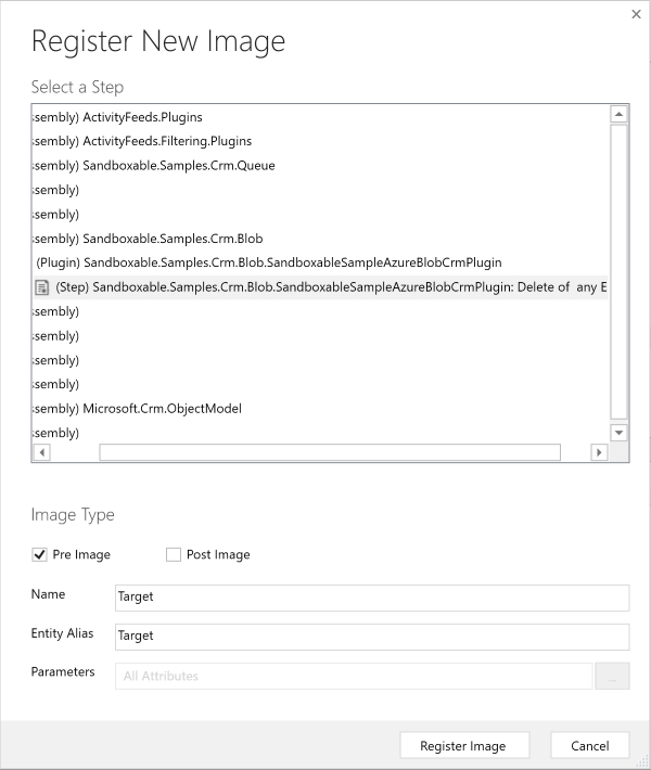 Register a new image for the plug-in step for the deletion event of any entity