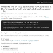 Unable to find an entry point named ‘OrtGetApiBase’ in DLL ‘onnxruntime’ with Microsoft.ML.OnnxTransformer 1.5.0