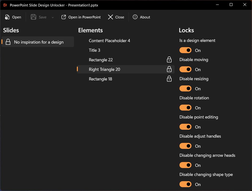 Slide Design Unlocker showing the Slides, Elements, and Locks panels with padlock icons