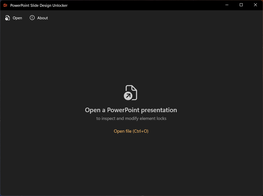 Slide Design Unlocker start screen with a button to select a .pptx file
